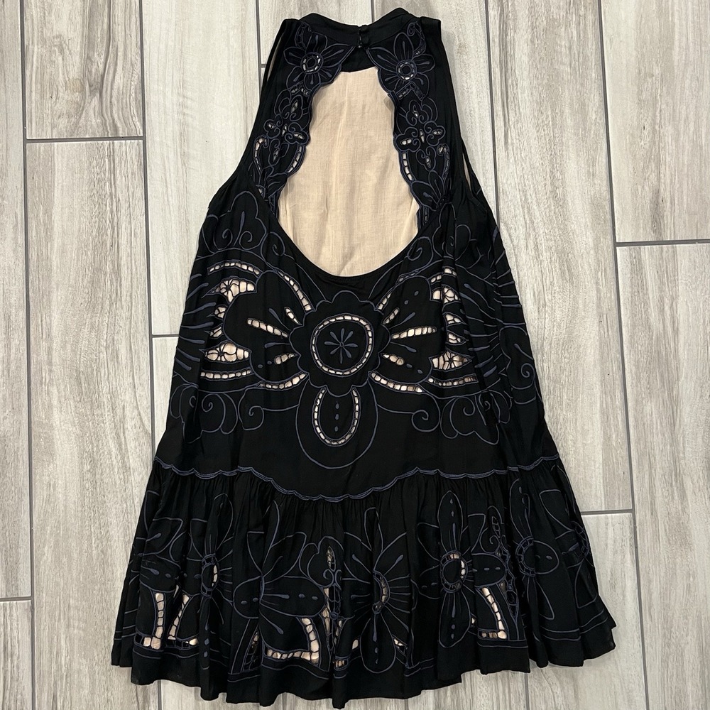 Free People Y2K  Mini Dress Sz S Black Embroidered Crochet Open Back $165 - Picture 6 of 12